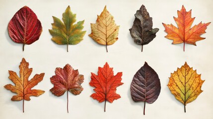Aufkleber - Collection of autumn leaves in various colors and shapes arranged on a beige background.