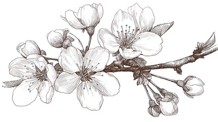 Aufkleber - Elegant line drawing of a spring cherry blossom branch, illustration for invites and cards