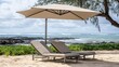 © Aether Pixels - Serene beach scene with lounge chairs and umbrella overlooking ocean view in tropical island paradise setting for relaxation