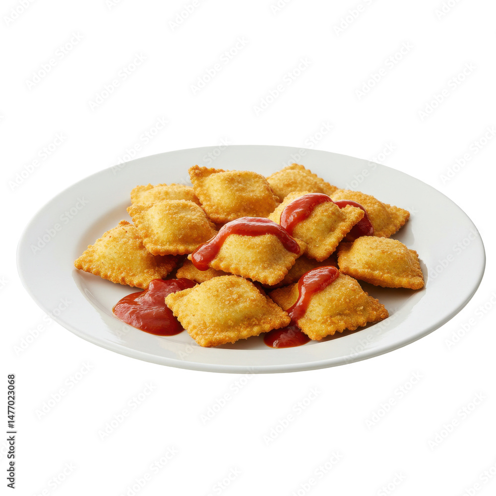 Golden-brown fried ravioli served with a rich tomato sauce on a white plate