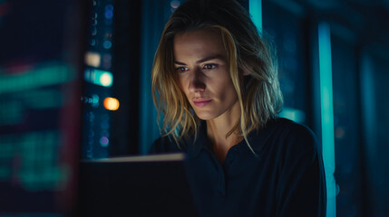 Wall Mural - woman with blond hair, focused on a tablet, in a dark, blue-lit room, representing technological exp