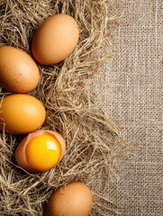 Poster - Fresh Organic Eggs on a Straw Mat Create a Rustic Display in a Natural Setting