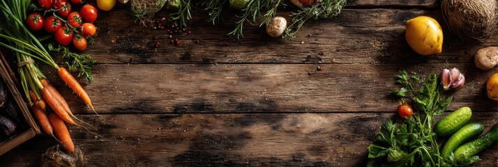 Poster - Fresh Harvest of Assorted Produce Scattered on Rustic Wood Texture Background in a Cozy Kitchen Setting