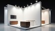 © Leonardo - Stand de exposición vacío en 3D con paredes blancas, mesa de mostrador y techo con focos, perfecto para presentaciones en ferias comerciales