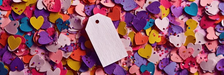 Poster - Heart-shaped Confetti Scattered on a Vibrant Surface With a Blank Tag Ready for a Personal Message or Decoration