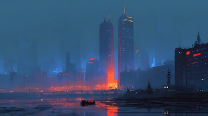 Aufkleber - Empty cyberpunk city, digital painting of futuristic building, cityscape at night, metropolis, neon lighting, dystopic sad environement, digital painting, art wallpaper, technology, city skyline
