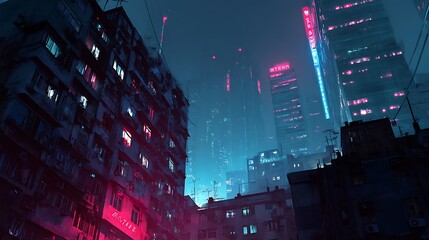 Poster - Empty cyberpunk city, digital painting of futuristic building, cityscape at night, metropolis, neon lighting, dystopic sad environement, digital painting, art wallpaper, technology, city skyline