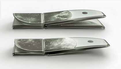 conceptual illustration featuring a futuristic glass notebook with celestial interior and a sleek de