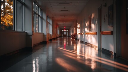Aufkleber - Empty hospital corridor with windows on the left and the lights of a sun