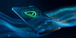 © Mirivox - Smartphone screen displays glowing green security shield icon, set against abstract blue wavy lines, symbolizing digital protection and data security