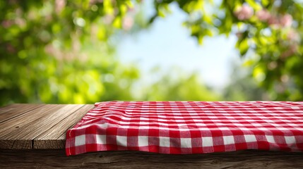 Aufkleber - Empty wooden desk table with red checkered tablecloth over abstract bright light green spring or summer background, template for your food and product display montage