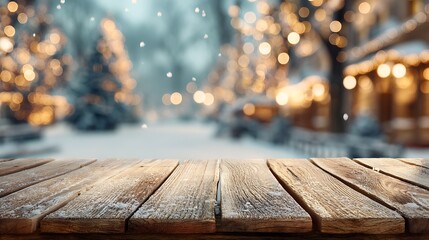 Poster - Empty wooden table in front of blurred winter holiday background glitter warm lights orange