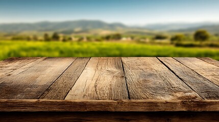 Poster - Empty wooden table top with blur background of farm