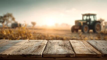 Poster - Empty wooden table top with blur background of farm