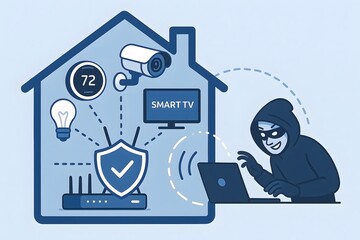 home security risks and internet of things cyber attack depicted with hacker accessing smart home ne