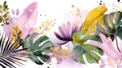 Poster - Exotic watercolor tropical leaves and plants background