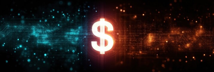 Glowing dollar sign amidst digital binary code background in blue and orange