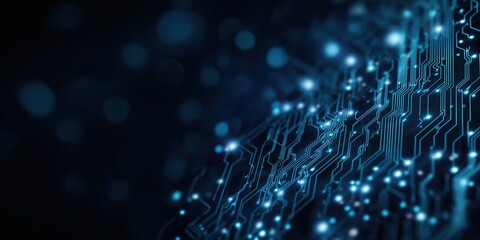 Glowing blue circuit pattern on dark background with bokeh effects