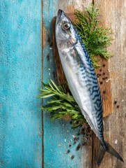 Poster - Mackerel Fish Displayed on Wooden Board With Fresh Herbs and Spices on Rustic Blue Background