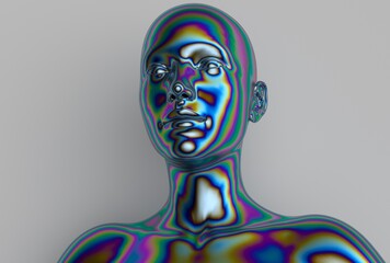 Poster - 3D illustration of a stylized human bust with an iridescent, multicolored metallic texture. The abstract, futuristic figure stands out against a plain gray background, giving a modern, surreal effect.