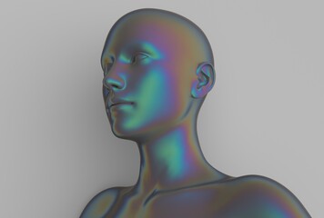 Aufkleber - 3D illustration of a stylized human bust with an iridescent, multicolored metallic texture. The abstract, futuristic figure stands out against a plain gray background, giving a modern, surreal effect.