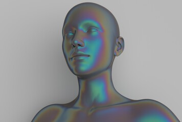 Aufkleber - 3D illustration of a stylized human bust with an iridescent, multicolored metallic texture. The abstract, futuristic figure stands out against a plain gray background, giving a modern, surreal effect.