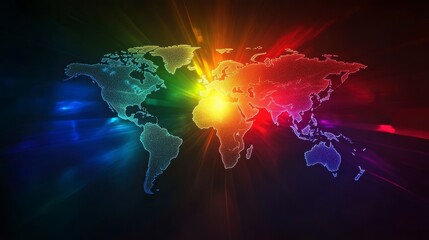 Aufkleber - Colorful world map with radiating light bursts, symbolizing global connection and energy.