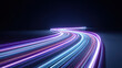 © Ksu_Sha - Colorful neon light trails forming a futuristic curved path on dark background in digital tech landscape
