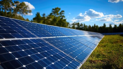 extensive solar panels array under a bright blue sky.