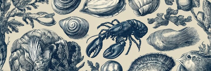 Poster - Underwater Bounty Displayed in Intricate Tiled Seafood Illustrations With a Central Area for Emphasis