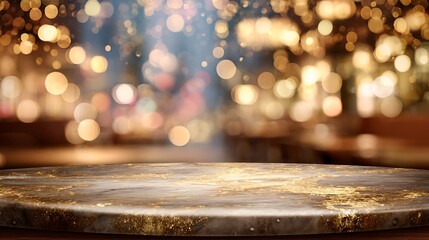 Fototapete - Festive background, modern empty dark gold marble table top on blurry bokeh room interior background or restaurant, holiday concept, for montage product display