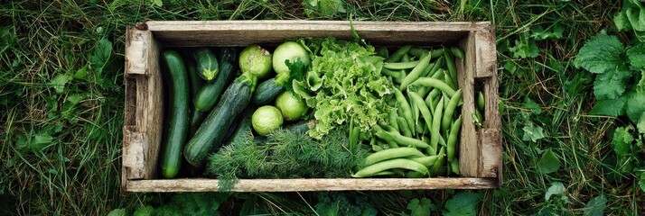 Aufkleber - Wooden Crate Filled With Fresh Green Vegetables Rests on Vibrant Grass Under Natural Light
