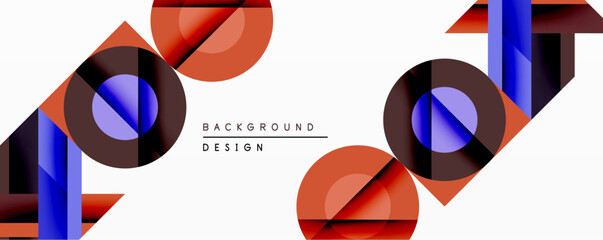 Poster - Abstract geometric pattern. Overlapping circles, squares create dynamic composition. Red, blue, brown hues dominate minimalist design. Modern aesthetic.