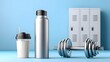 © Supot - A stylish gym setup featuring a dumbbell, a water bottle, and a coffee cup on a blue background, ideal for fitness enthusiasts and wellness content.