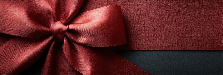 Poster - Close-up View of a Burgundy Ribbon Bow Against a Black Background, Perfect for Decorating Gifts or Creating a Festive Atmosphere