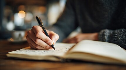 Aufkleber - Focused writer jots down important notes in an open notebook with a pen