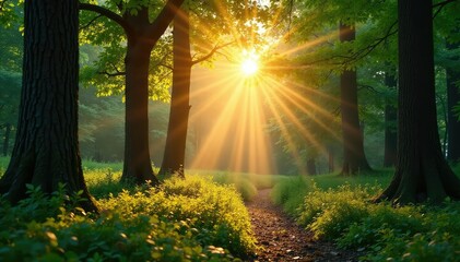 Wall Mural - Serene forest scene at sunrise, dappled sunlight filtering through leaves , mystical, ecosystem, canopy
