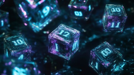 Poster - Glowing neon number cubes falling in dark space.