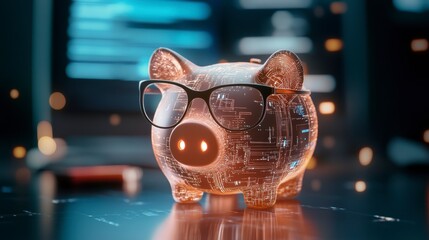 Aufkleber - A transparent piggy bank with eyeglasses, displaying internal circuitry, sits on a reflective surface against a blurred technological background.