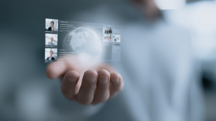 Wall Mural - tech in hand: a person holds a holographic interface, with the planet earth, connected to a global n