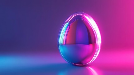 Aufkleber - Chrome egg with neon light reflections on purple and blue background.