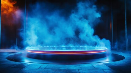 Aufkleber - Futuristic circular platform with blue and orange neon lights and smoke.