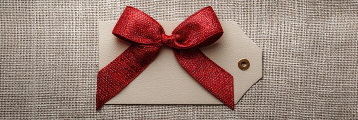 Leinwandbilder - Iconic Gift Tag With Red Ribbon Atop Beige Fabric Texture Inviting Holiday Celebrations and Thoughtful Gifting Moments