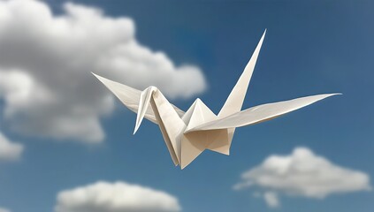 Wall Mural - a simple white origami crane in flight against the blue sky with clouds. the paper is flat and