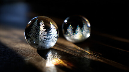 Wall Mural - Two glass orbs with a winter scene featuring frosted trees.