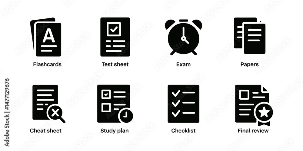 Glyph icons for exam, papers, study plan and checklist Stock Vector ...