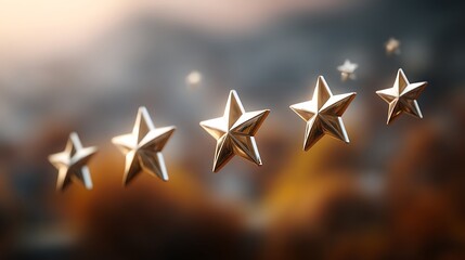 Fototapete - Customer feedback concept, based on stars from one to three, conceptual 3d render symbol of excellent and positive client satisfaction, blur effect