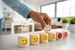 © Kaleem - Wooden label with happy normal and sad face icons for experience survey services and products review concept. Customer or Client show Good Neutral or Negative feedback and satisfaction rating.