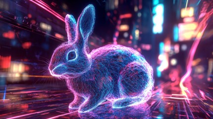 Aufkleber - Cyberpunk rabbit, neon city backdrop, digital art.