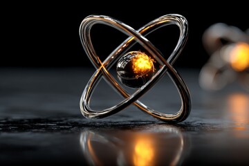 Fototapete - Conceptual representation of an atom with glowing nucleus on dark background showcasing science and technology in modern art